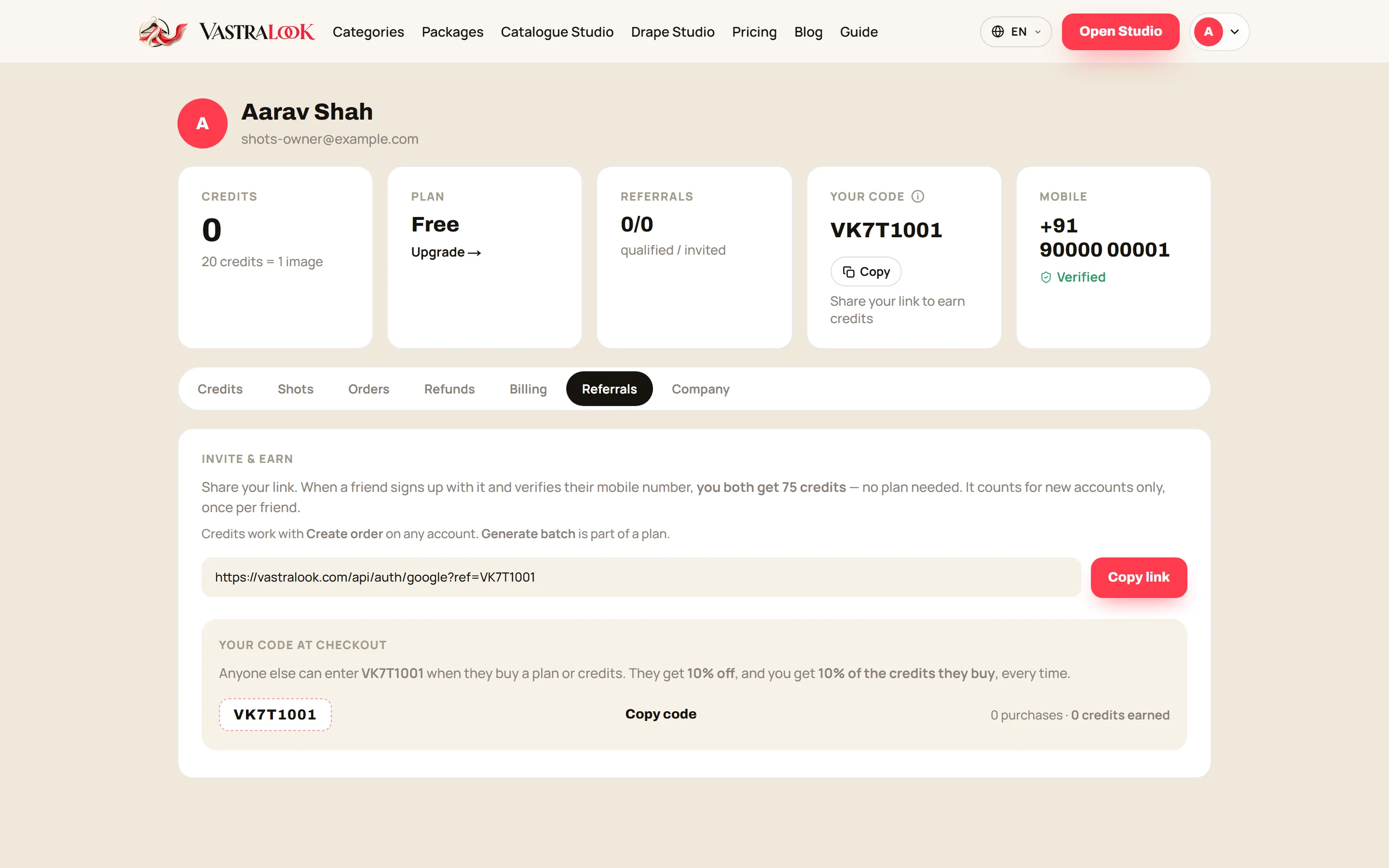 The Referrals tab showing the invite link and Your code at checkout